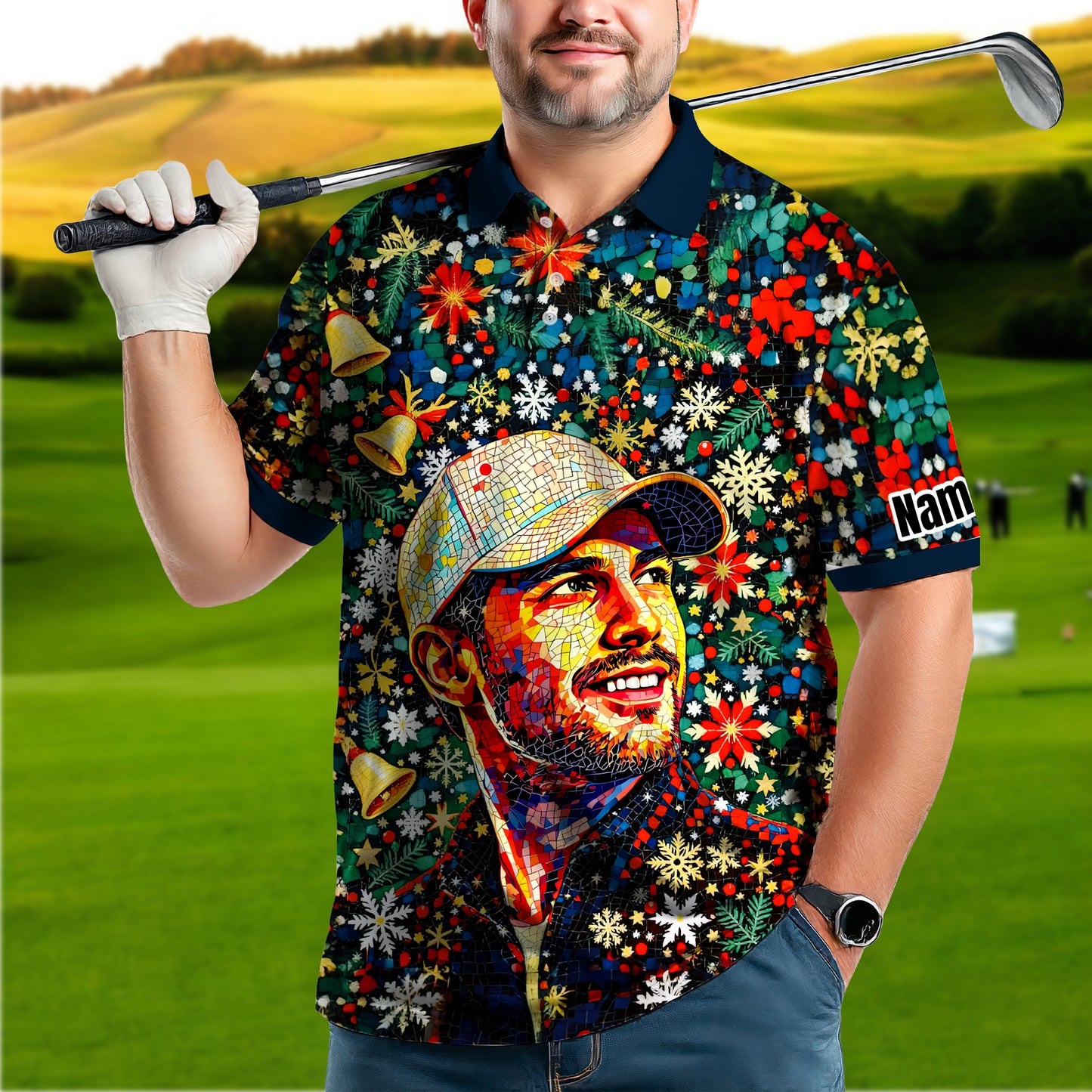 Personalized Christmas Golf Polo Shirt with Your Face – Custom Photo Holiday Shirt – Unique Mosaic Art Xmas Gift for Men, Custom Golf Apparel Style 10