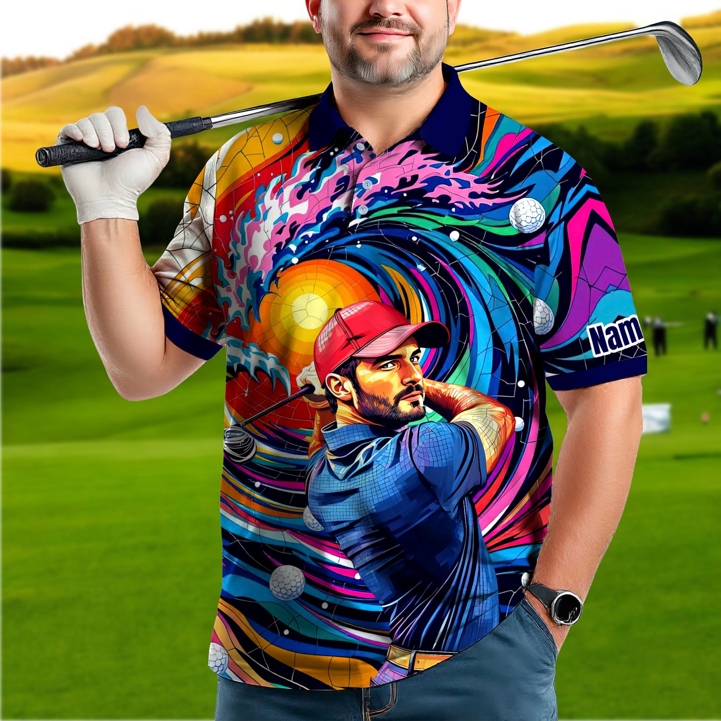 HomyGifts Men's Customized Face Artistic Golf Polo Shirt, Mosaic Art Style, Unique Personalized Golf Polo For Men Style 12
