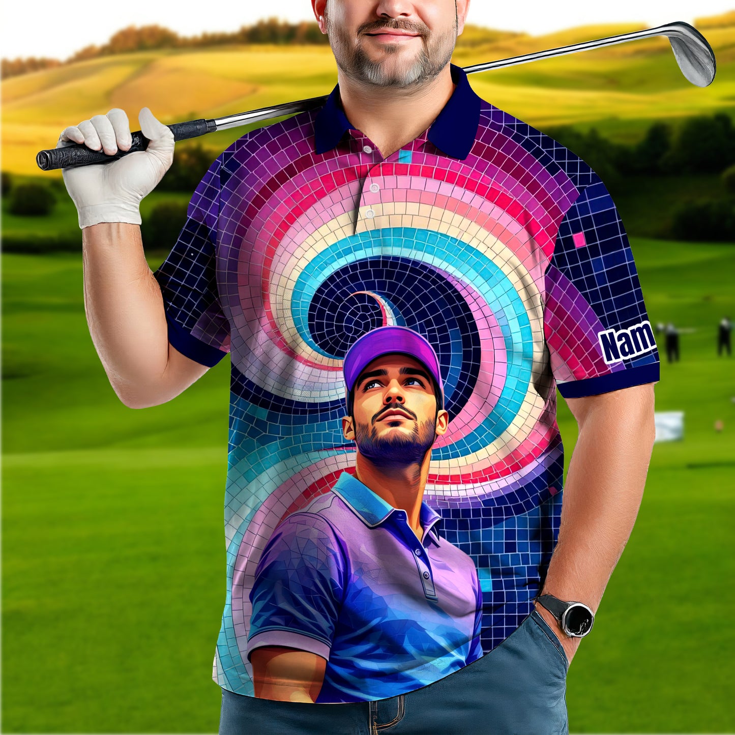 HomyGifts Men's Customized Face Artistic Golf Polo Shirt, Mosaic Art Style, Unique Personalized Golf Polo For Men