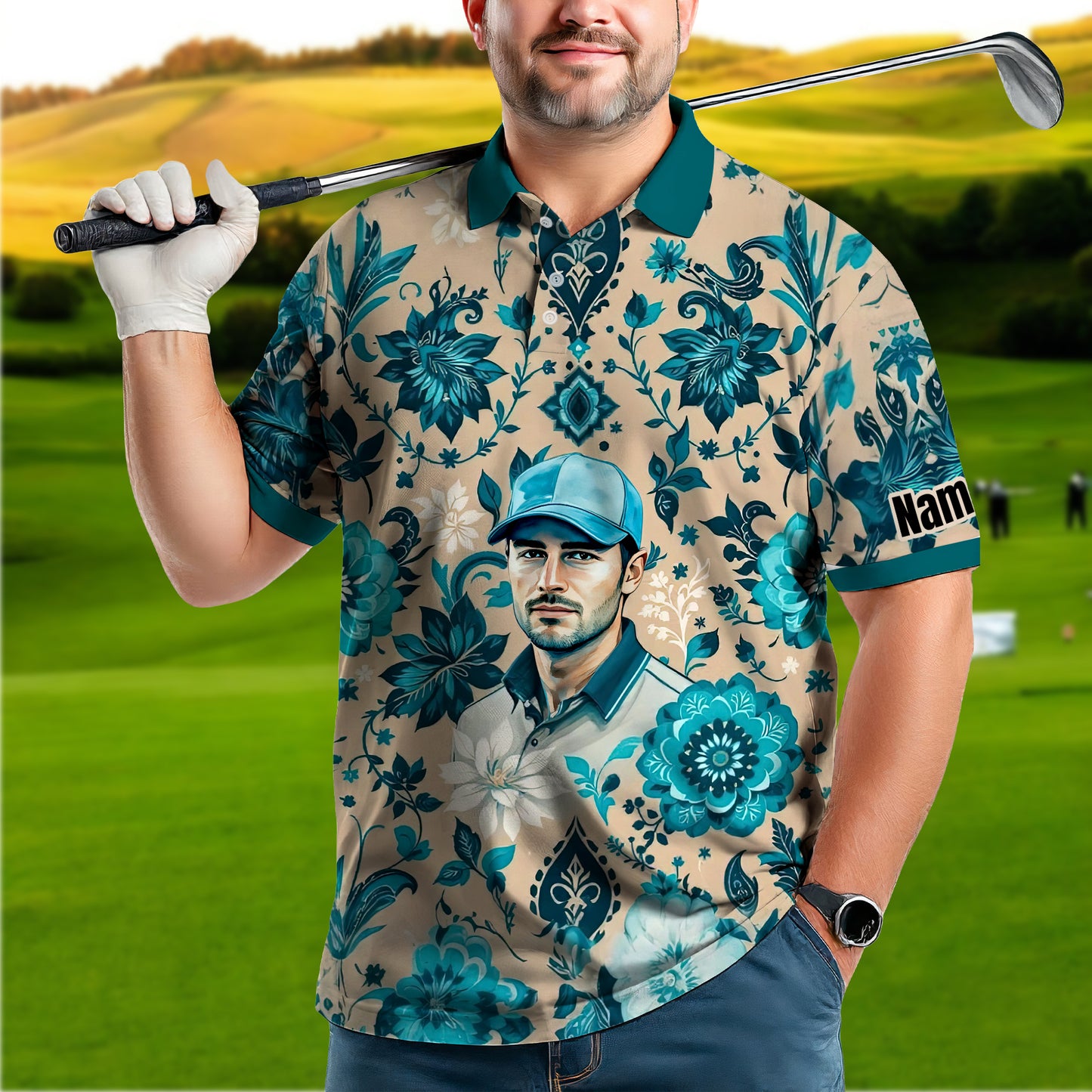 Custom Retro Pattern Art Polo Shirt – Personalized Face & Name | Vintage Floral Pattern Collared Shirt for Men Style 5