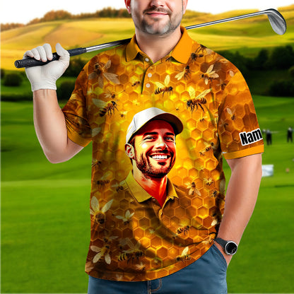 HomyGifts Men's Customized Face Artistic Golf Polo Shirt, Personalized Bee & Honeycomb Polo Shirt with Face, Funny Honey Lover Outfit, Summer Polo for Men Style 4