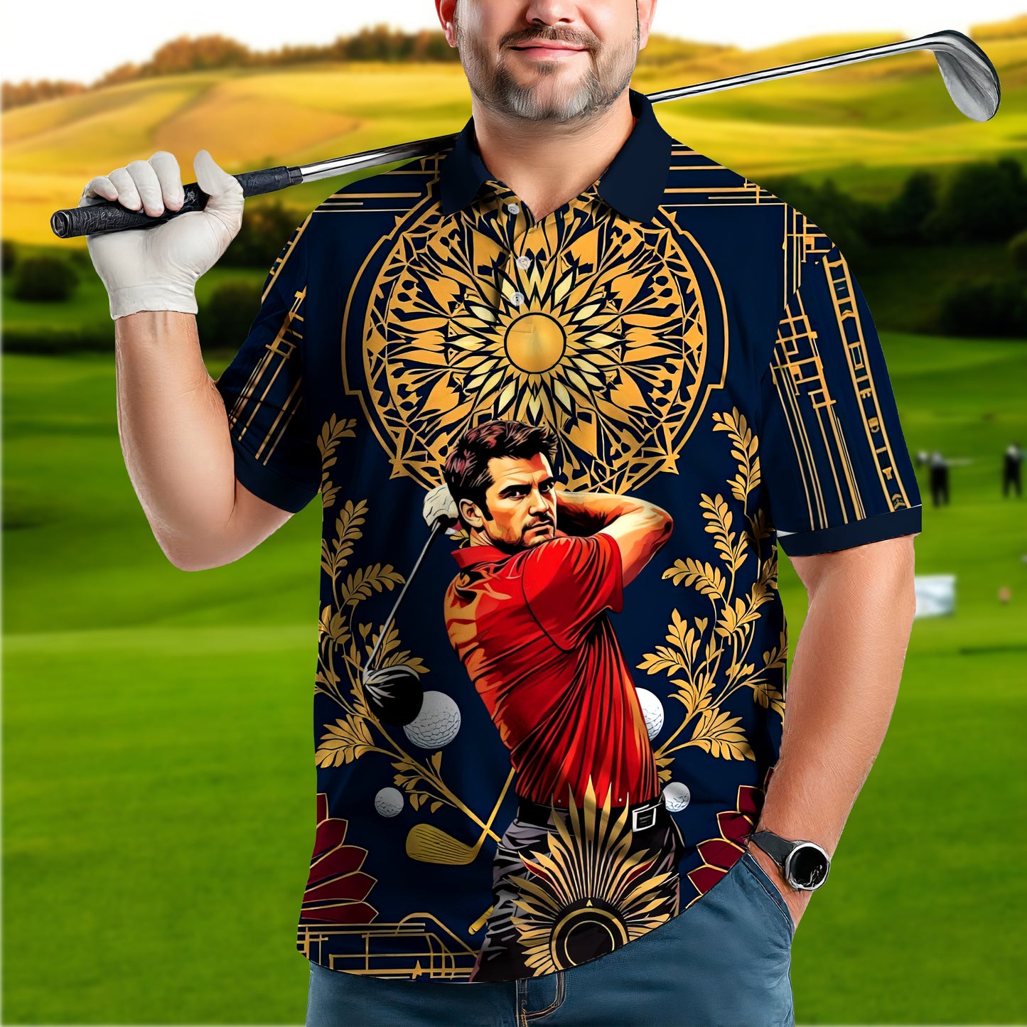 Custom Face Golf Polo Shirt – Swing in Gold Art Deco Revival Style | Personalized Golf Shirt for Men Style 8