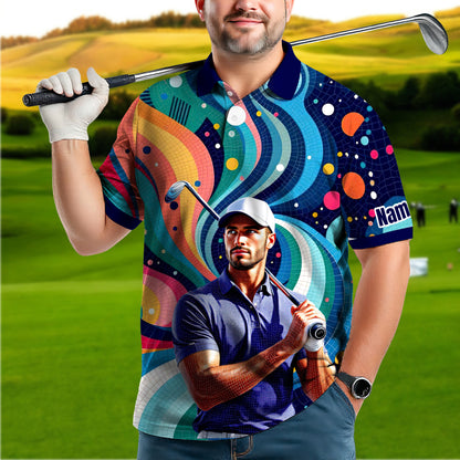 HomyGifts Men's Customized Face Artistic Golf Polo Shirt, Mosaic Art Style, Unique Personalized Golf Polo For Men Style 16