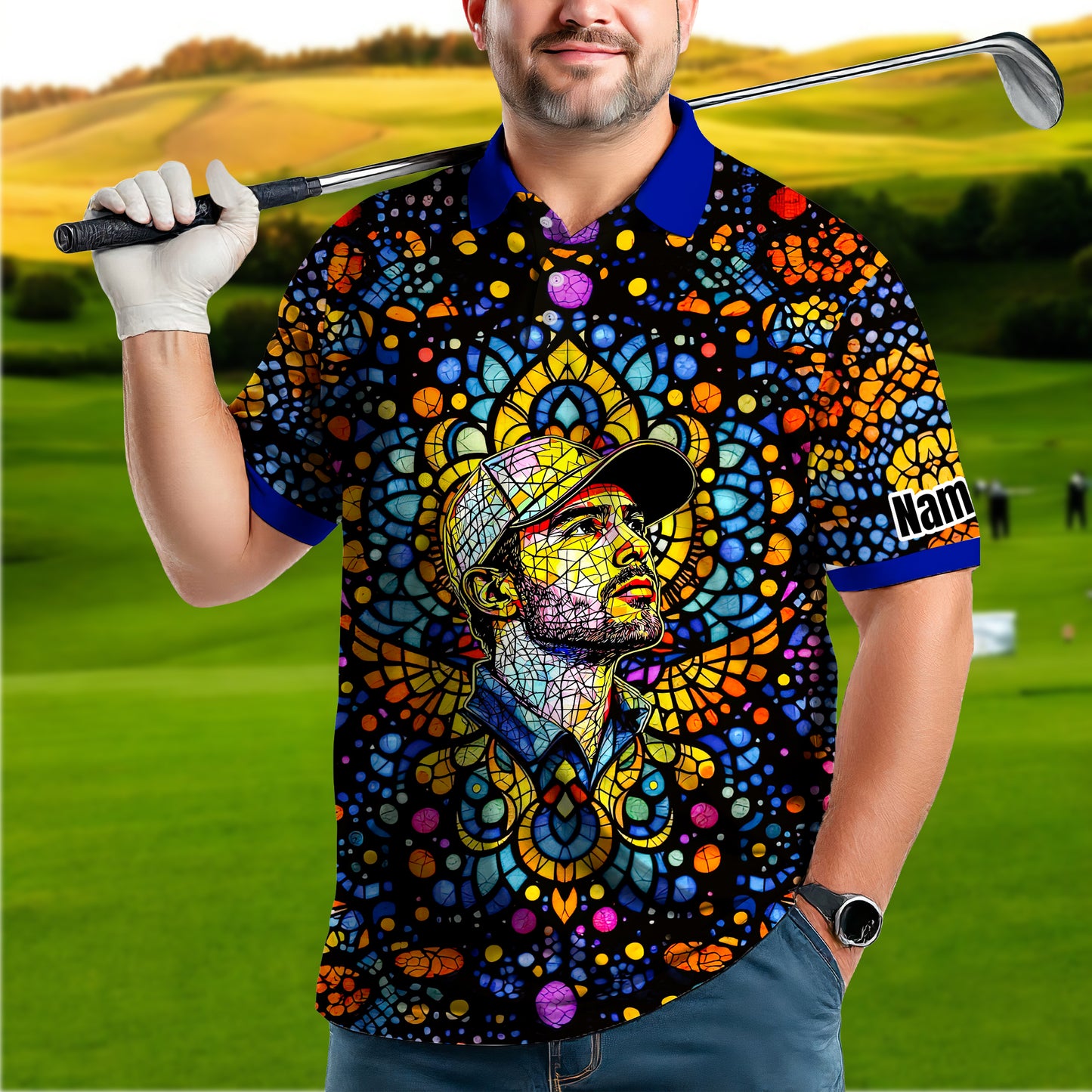 Custom Face Golf Polo Shirt – Personalized Stained Glass Mandala Style Polo, Unique Gift for Men & Women, Vibrant Artistic Golf Shirt, Custom Photo Polo