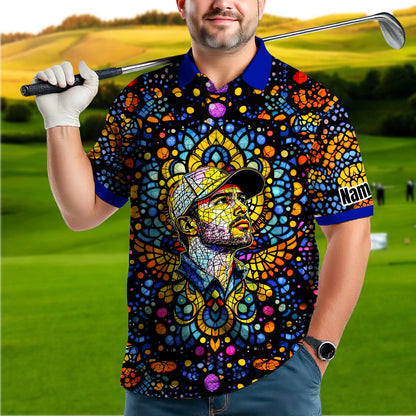 Custom Face Golf Polo Shirt – Personalized Stained Glass Mandala Style Polo, Unique Gift for Men & Women, Vibrant Artistic Golf Shirt, Custom Photo Polo