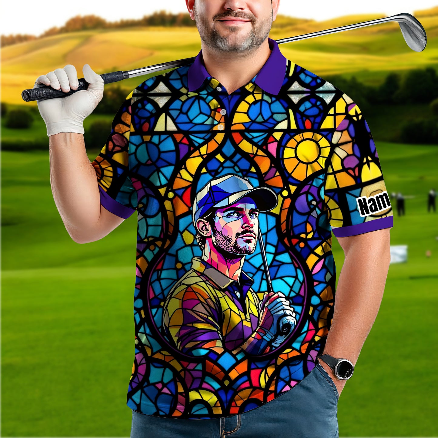 Custom Face Golf Polo Shirt – Personalized Stained Glass Art Shirt, Unique Golf Gift for Him, Colorful Abstract Golf Polo, Custom Sportswear