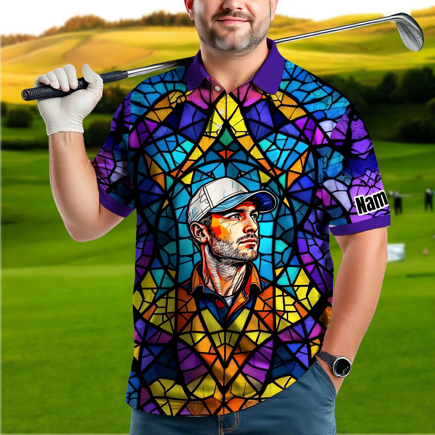 Custom Face Golf Polo Shirt – Personalized Stained Glass Art Shirt, Unique Golf Gift for Him, Colorful Abstract Golf Polo, Custom Sportswear