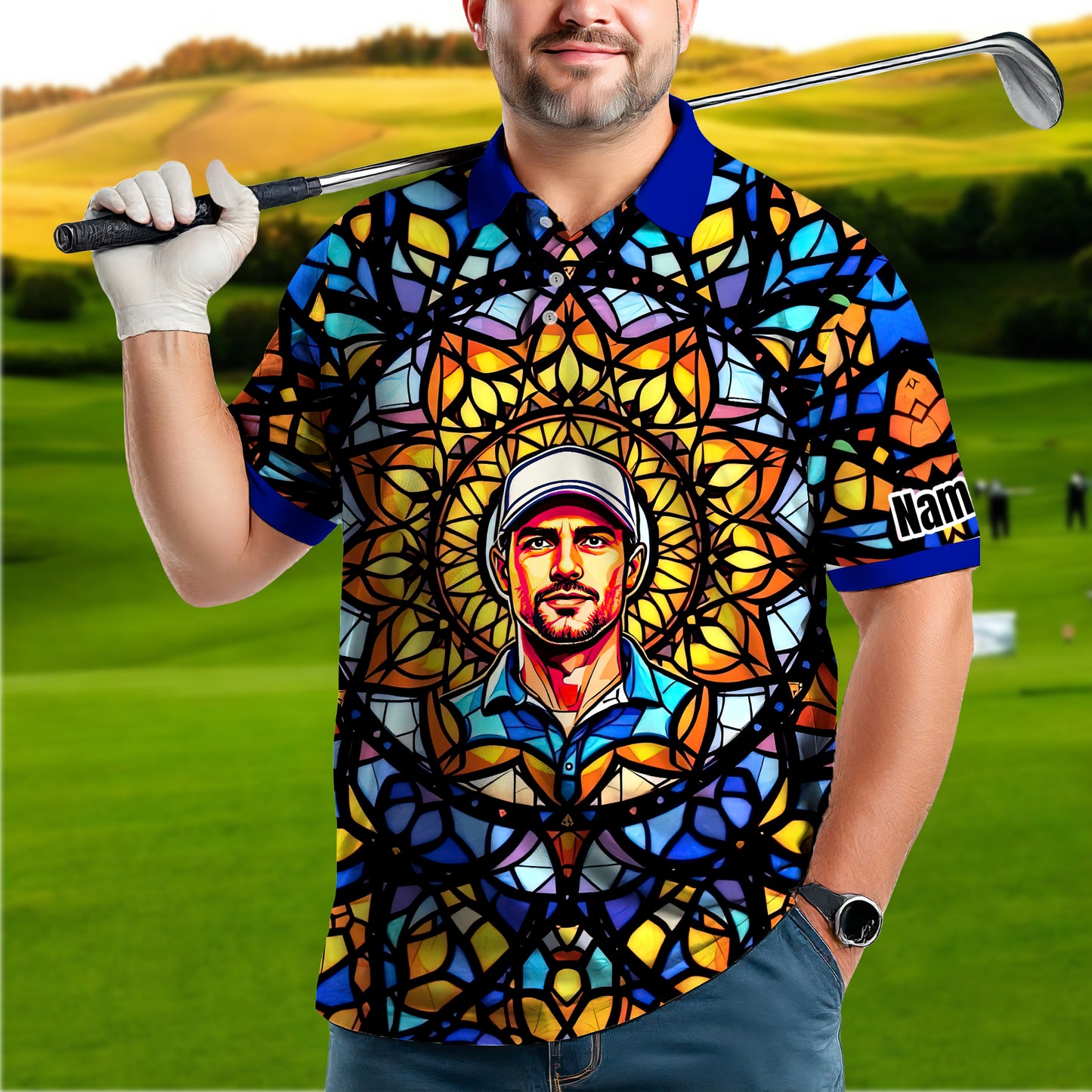 Custom Face Golf Polo Shirt – Personalized Stained Glass Mandala Style Polo, Unique Gift for Men & Women, Vibrant Artistic Golf Shirt, Custom Photo Polo