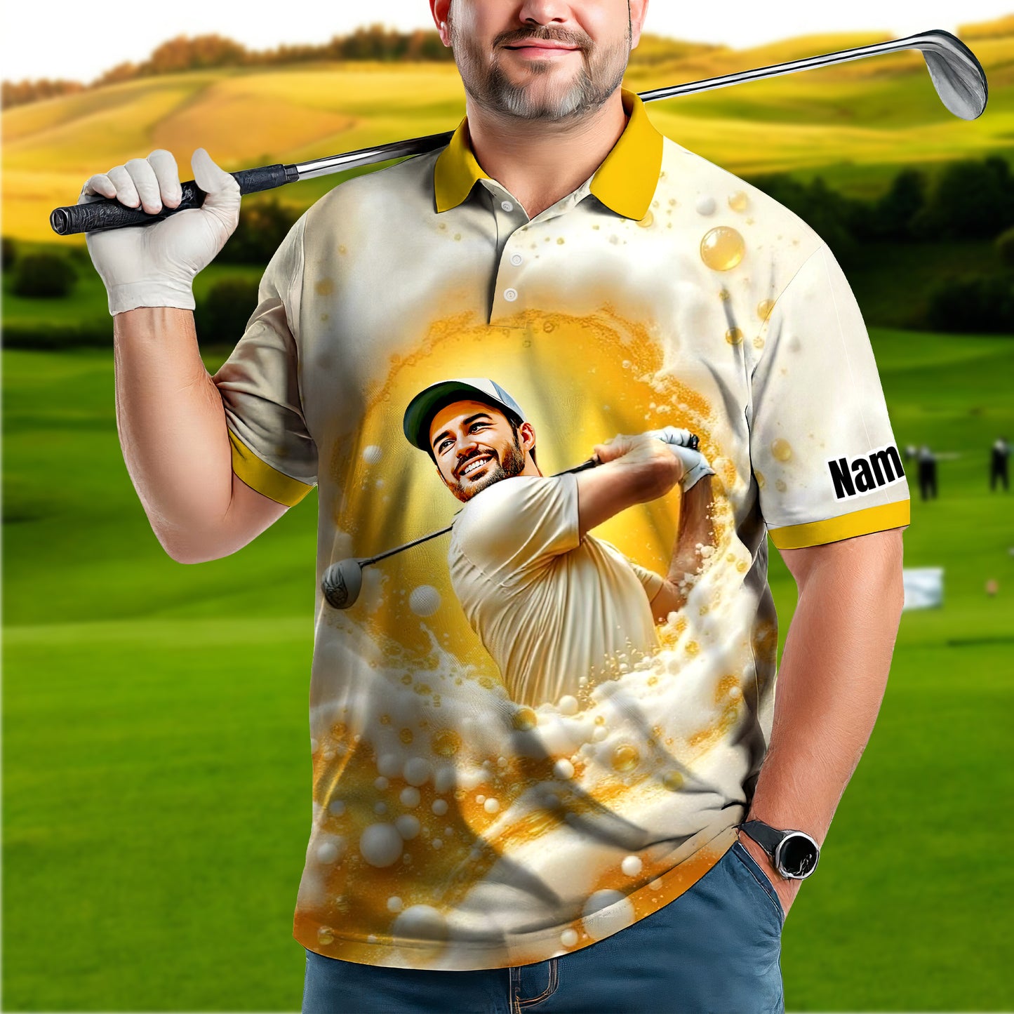 HomyGifts Men's Customized Face Artistic Golf Polo Shirt, Beer pattern Design, Special Gift for Beer & Golf Lovers, Summer Party Outfit, Unique Gift for Men Style 12