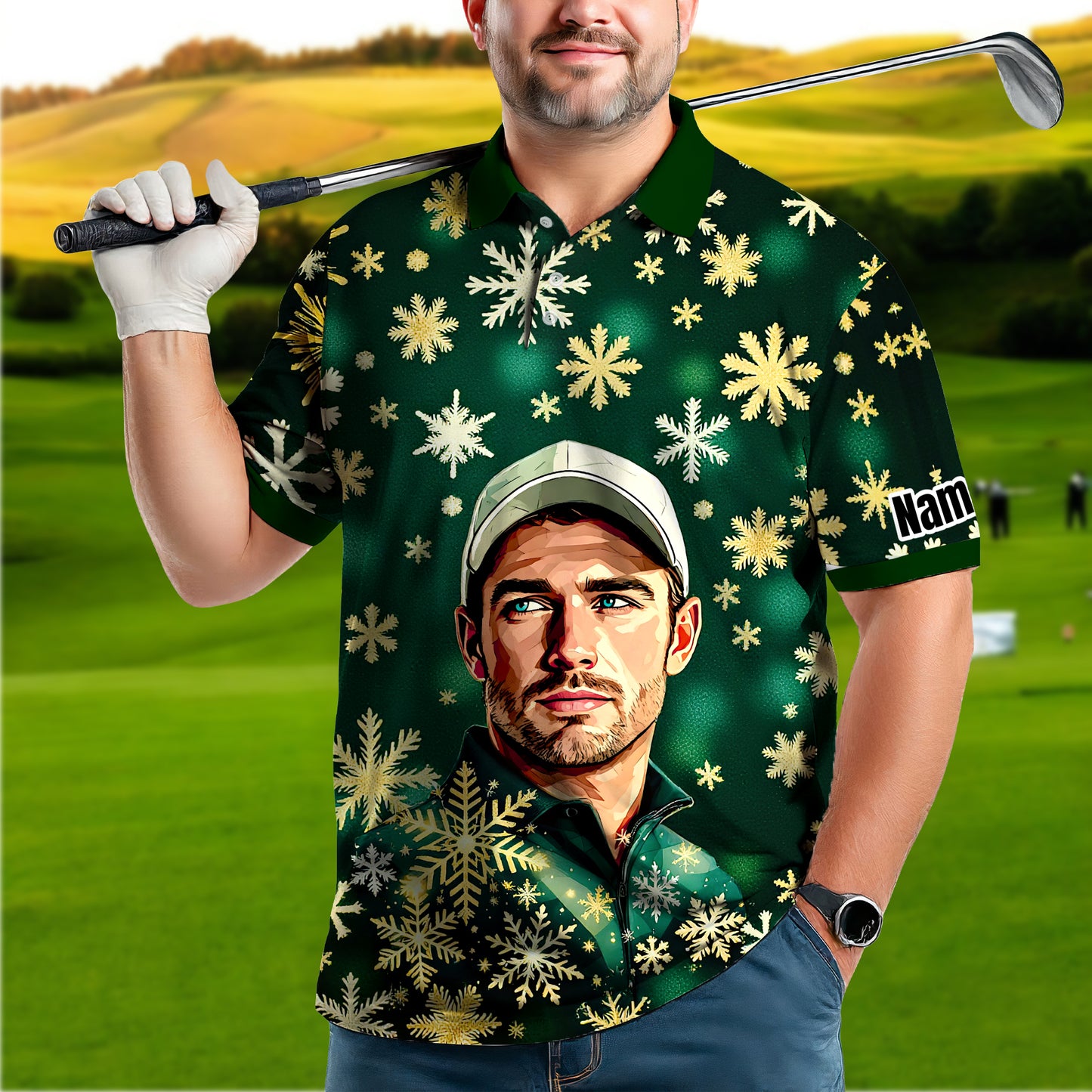 Custom Face Golf Polo Shirt – Personalized Christmas Golf Shirt for Him, Unique Holiday Gift for Golfer, Snowflake Design Golf Apparel Style 20