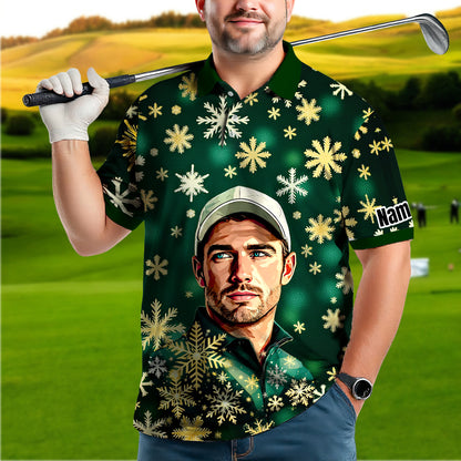 Custom Face Golf Polo Shirt – Personalized Christmas Golf Shirt for Him, Unique Holiday Gift for Golfer, Snowflake Design Golf Apparel Style 20