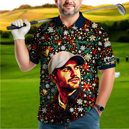 Personalized Christmas Golf Polo Shirt with Your Face – Custom Photo Holiday Shirt – Unique Mosaic Art Xmas Gift for Men, Custom Golf Apparel Style 6