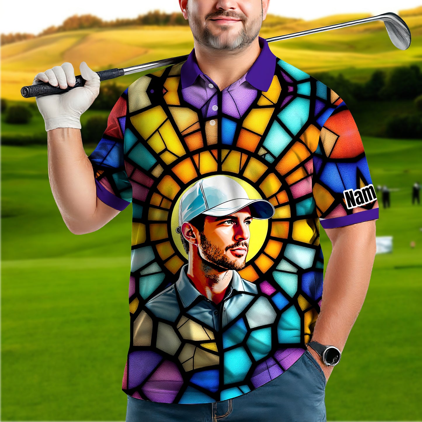 Custom Face Golf Polo Shirt – Personalized Stained Glass Art Shirt, Unique Golf Gift for Him, Colorful Abstract Golf Polo, Custom Sportswear