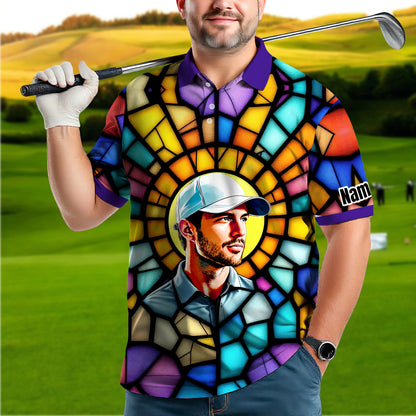 Custom Face Golf Polo Shirt – Personalized Stained Glass Art Shirt, Unique Golf Gift for Him, Colorful Abstract Golf Polo, Custom Sportswear