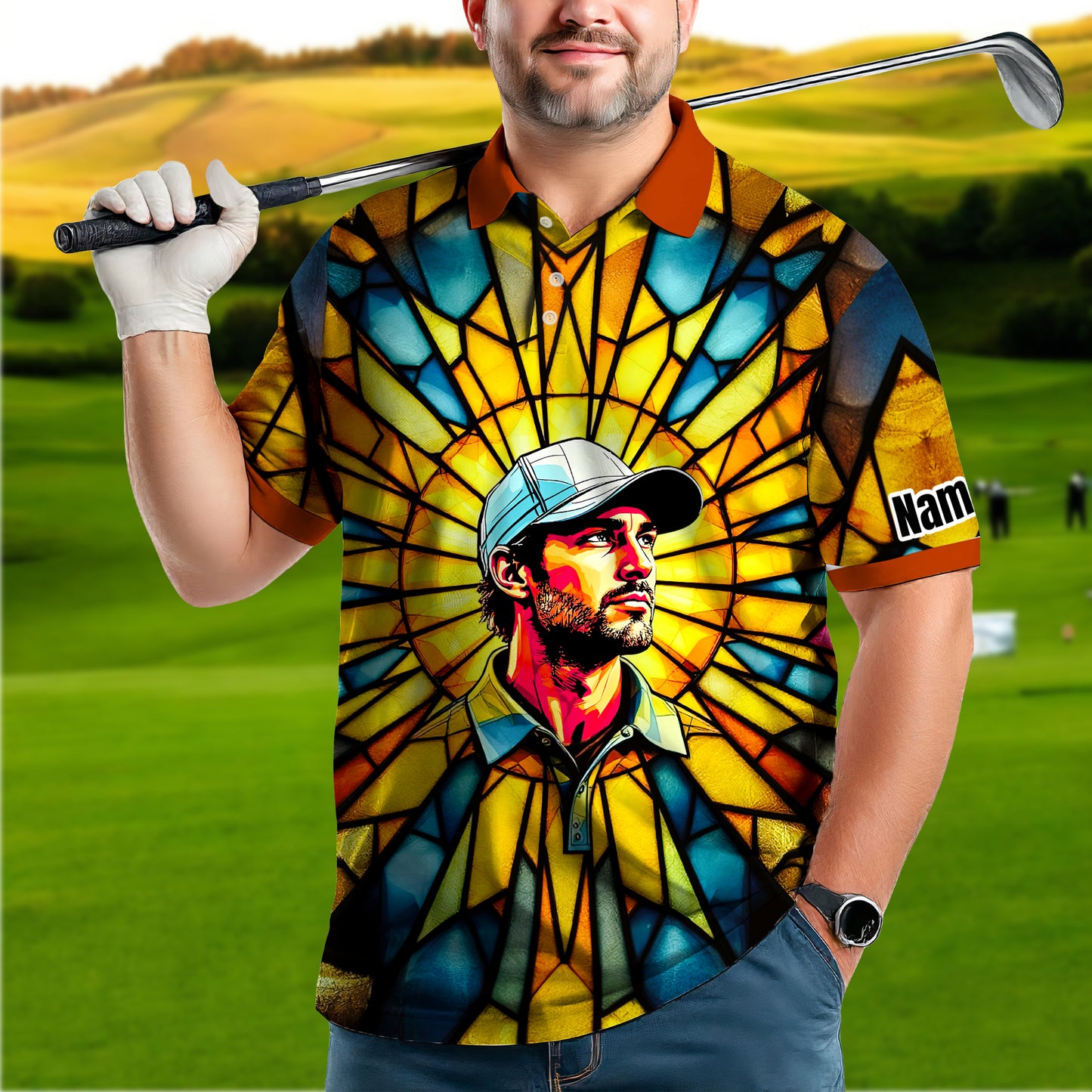 HomyGifts Men's Customized Face Artistic Golf Polo Shirt, Angular Geometric Glass Pattern, Stained-Glass Mosaic Print, Personalized Sublimation Golf Shirt, Vibrant Geometric Portrait Tee
