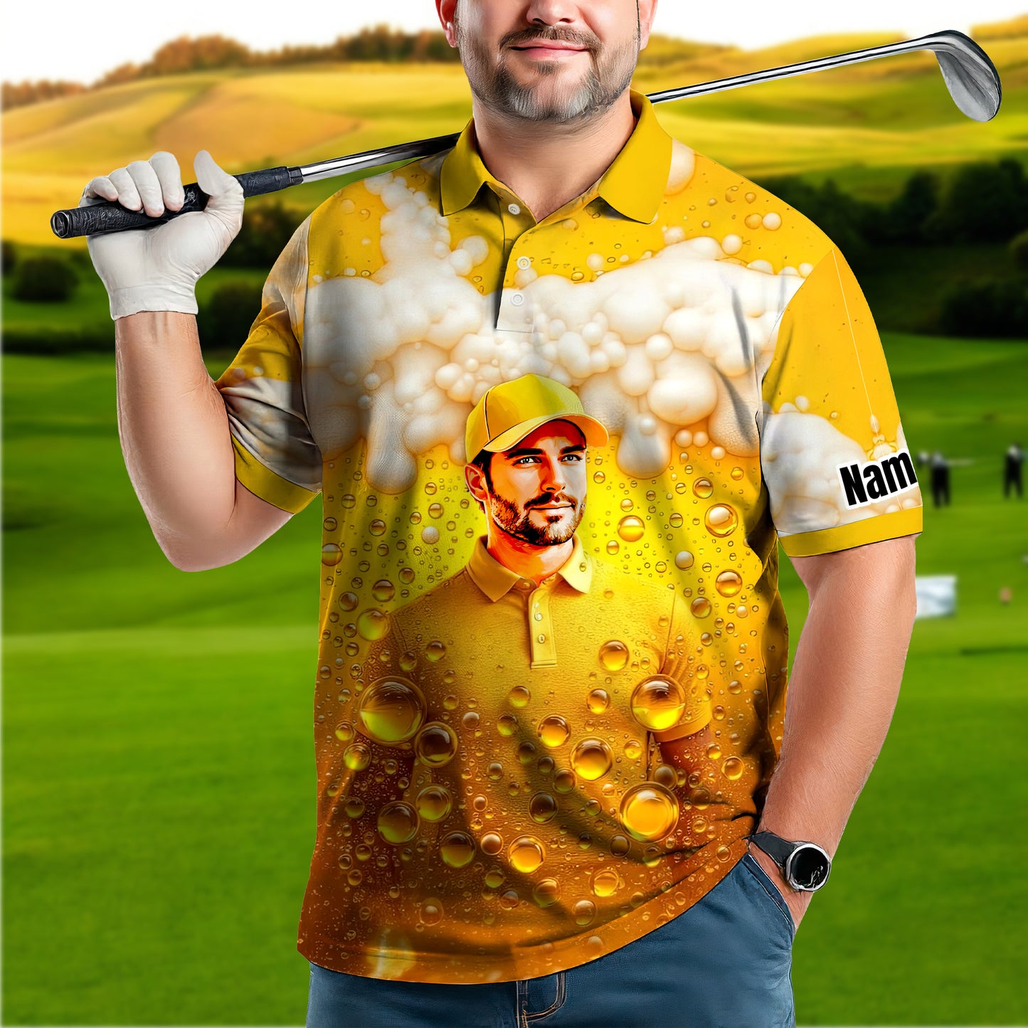 HomyGifts Men's Customized Face Artistic Golf Polo Shirt, Beer pattern Design, Special Gift for Beer & Golf Lovers, Summer Party Outfit, Unique Gift for Men Style 5
