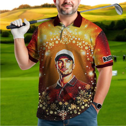 Custom Face Golf Polo Shirt – Personalized Christmas Golf Shirt for Him, Unique Holiday Gift for Golfer, Snowflake Design Golf Apparel Style 14