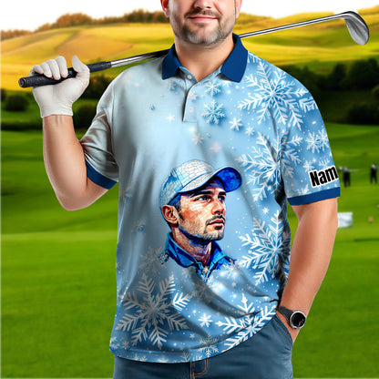 Custom Face Golf Polo Shirt – Personalized Christmas Golf Shirt for Him, Unique Holiday Gift for Golfer, Snowflake Design Golf Apparel Style 6