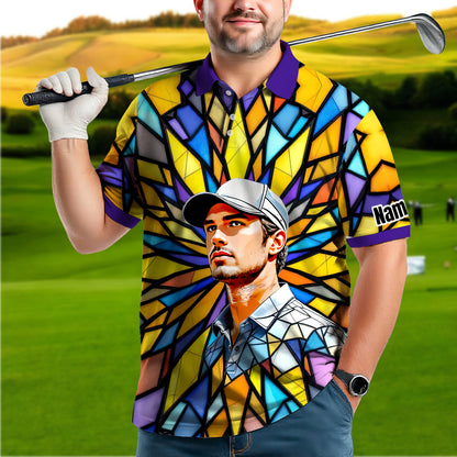 Custom Face Golf Polo Shirt – Personalized Stained Glass Art Shirt, Unique Golf Gift for Him, Colorful Abstract Golf Polo, Custom Sportswear