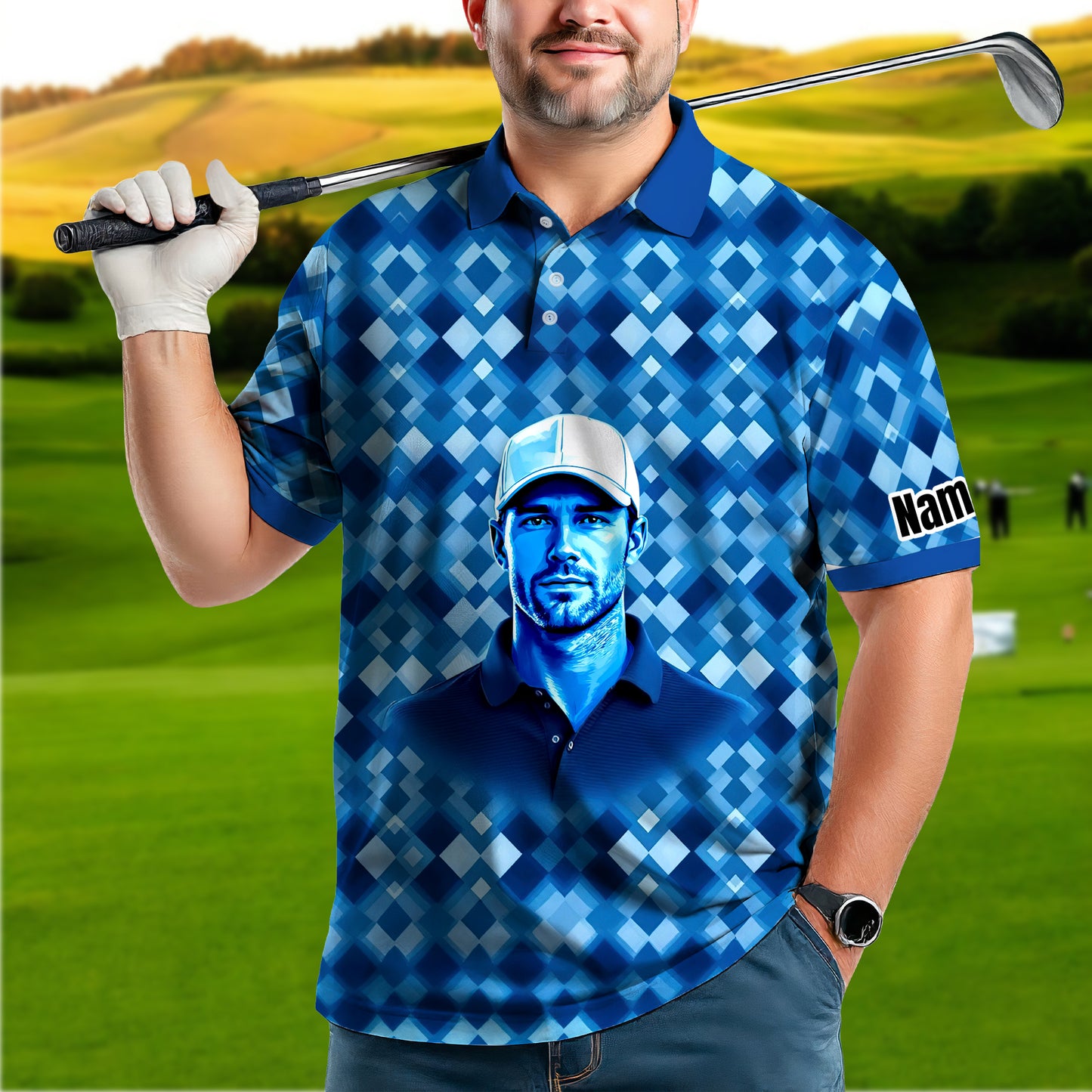 Custom Face Polo Shirt – Geometric Diamond Pattern | Personalized Photo Golf Polo | Unique Gift for Him, Retro Geometric Style Shirt Style 15