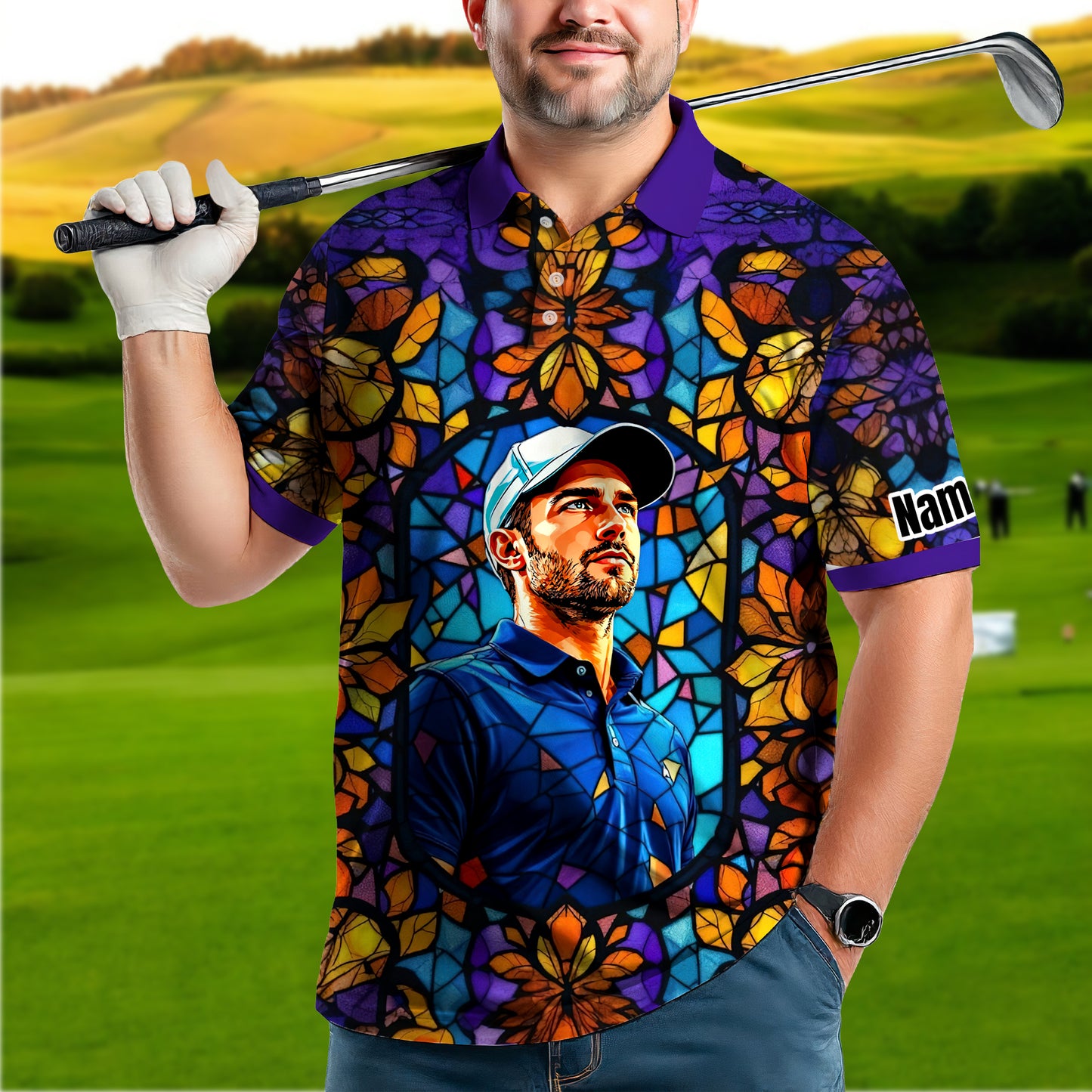 Custom Face Golf Polo Shirt – Personalized Stained Glass Art Shirt, Unique Golf Gift for Him, Colorful Abstract Golf Polo, Custom Sportswear