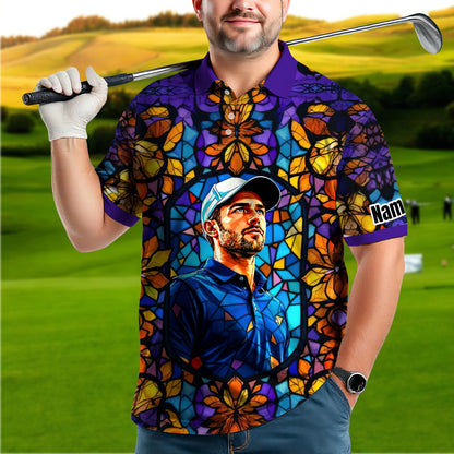 Custom Face Golf Polo Shirt – Personalized Stained Glass Art Shirt, Unique Golf Gift for Him, Colorful Abstract Golf Polo, Custom Sportswear