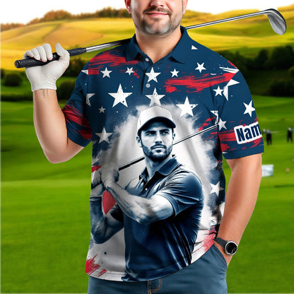 HomyGifts Men's Customized Face Artistic Golf Polo Shirt, Personalized American Flag Design, Unique Gift for Patriotic Golfers Style 29