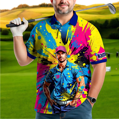 HomyGifts Men's Customized Face Artistic Golf Polo Shirt, Personalized Pop Art Golf Polo, Portrait Gift for Golfers Style 13