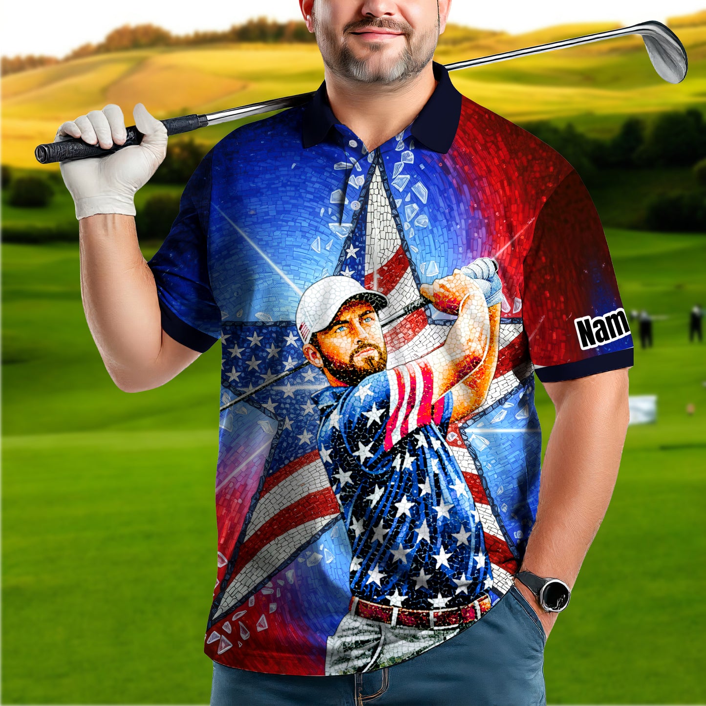 Custom Face Patriotic Golf Polo Shirt – Personalized USA Flag Design – American Pride Gift for Him – Mosaic Art Golf Shirt Style 2