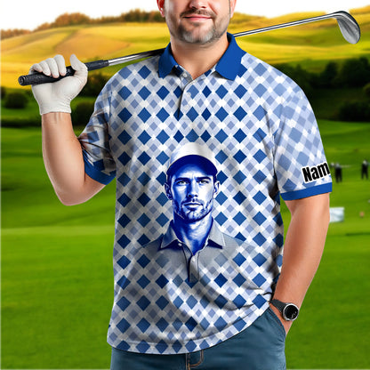 Custom Face Polo Shirt – Geometric Diamond Pattern | Personalized Photo Golf Polo | Unique Gift for Him, Retro Geometric Style Shirt Style 3