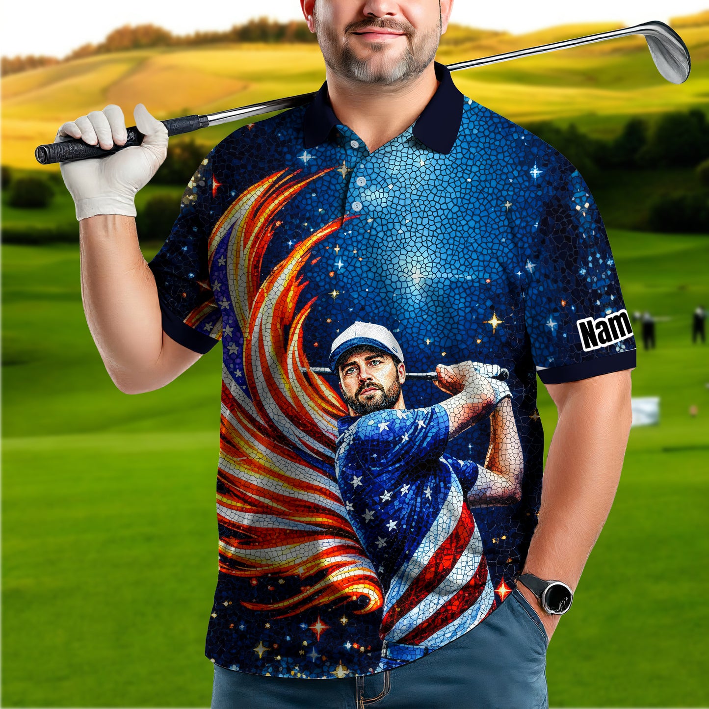 Custom Face Patriotic Golf Polo Shirt – Personalized USA Flag Design – American Pride Gift for Him – Mosaic Art Golf Shirt Style 7