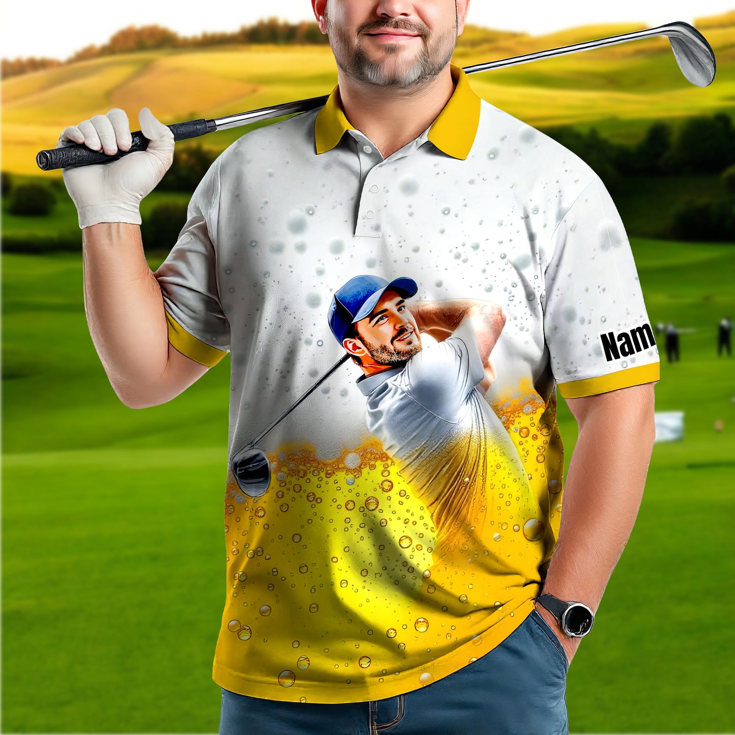 HomyGifts Men's Customized Face Artistic Golf Polo Shirt, Beer pattern Design, Special Gift for Beer & Golf Lovers, Summer Party Outfit, Unique Gift for Men Style 10