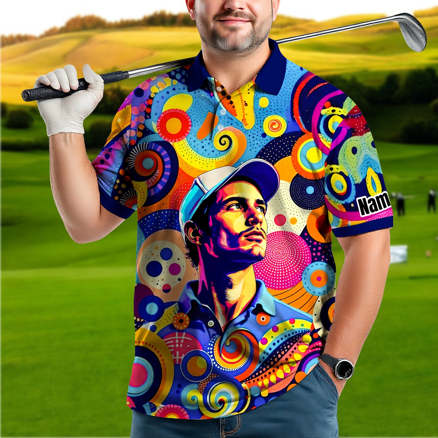 HomyGifts Custom Face Polo Shirt – Personalized Abstract Geometric Art Photo Shirt, Unique Gift for Him & Her