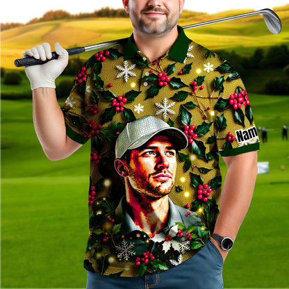 Custom Face Golf Polo Shirt – Personalized Christmas Golf Shirt for Him, Unique Holiday Gift for Golfer, Snowflake Design Golf Apparel Style 17