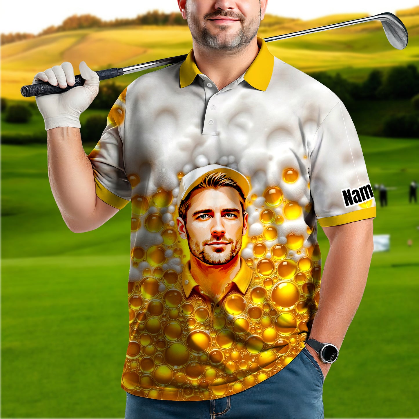 HomyGifts Men's Customized Face Artistic Golf Polo Shirt, Beer pattern Design, Special Gift for Beer & Golf Lovers, Summer Party Outfit, Unique Gift for Men Style 2