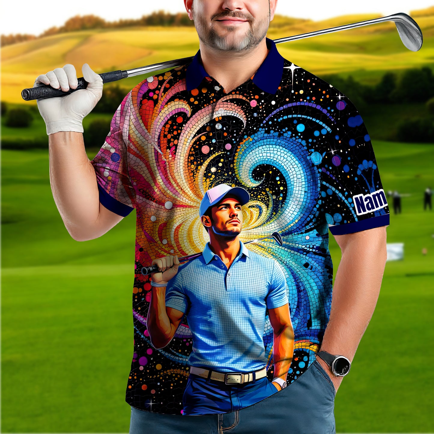 HomyGifts Men's Customized Face Artistic Golf Polo Shirt, Mosaic Art Style, Unique Personalized Golf Polo For Men