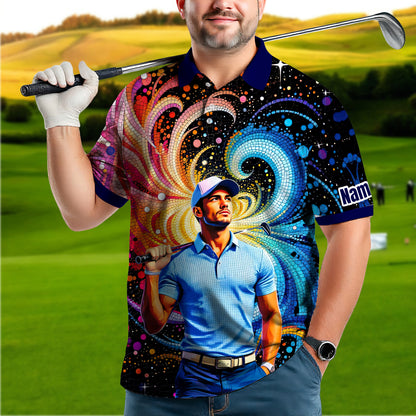 HomyGifts Men's Customized Face Artistic Golf Polo Shirt, Mosaic Art Style, Unique Personalized Golf Polo For Men