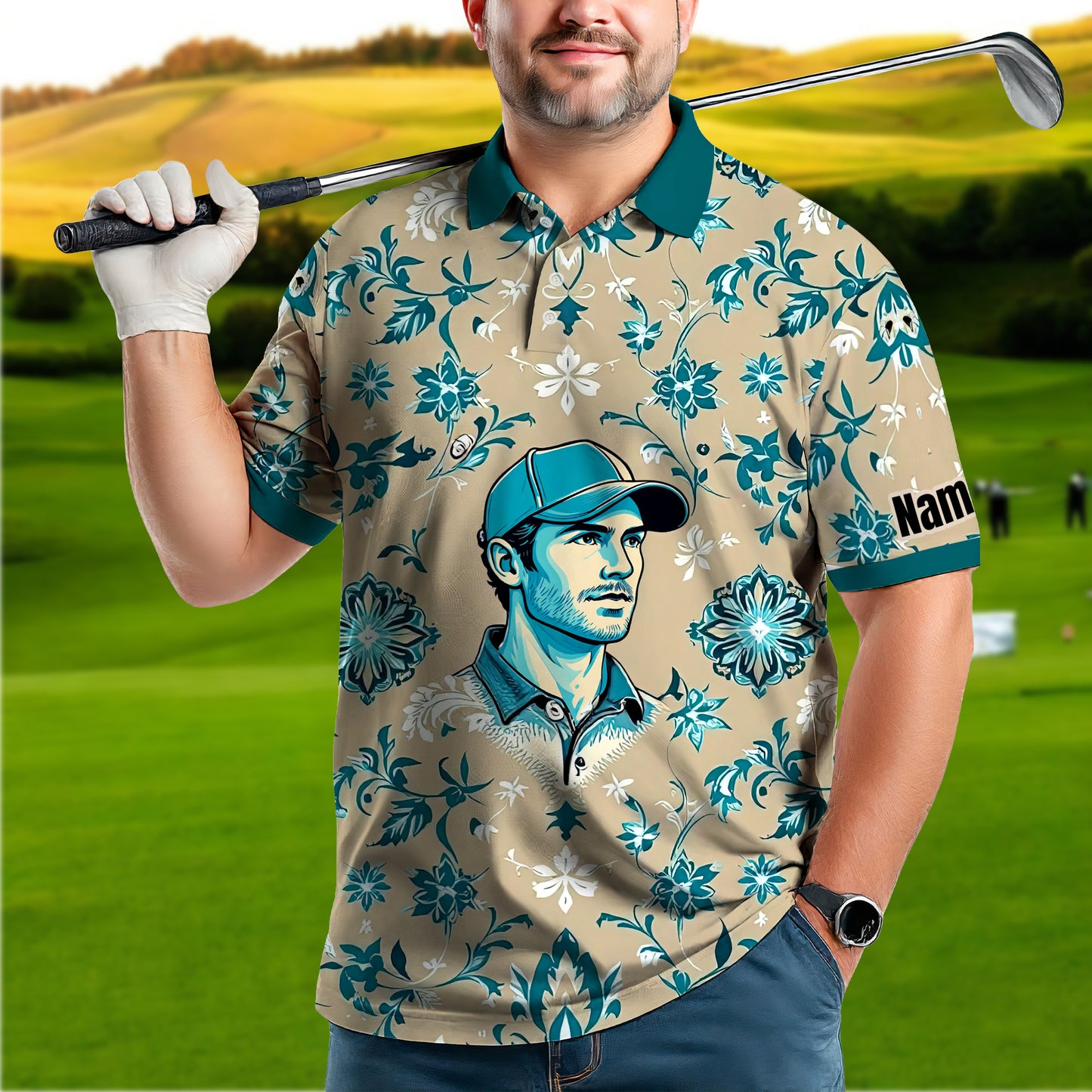 Custom Retro Pattern Art Polo Shirt – Personalized Face & Name | Vintage Floral Pattern Collared Shirt for Men Style 6