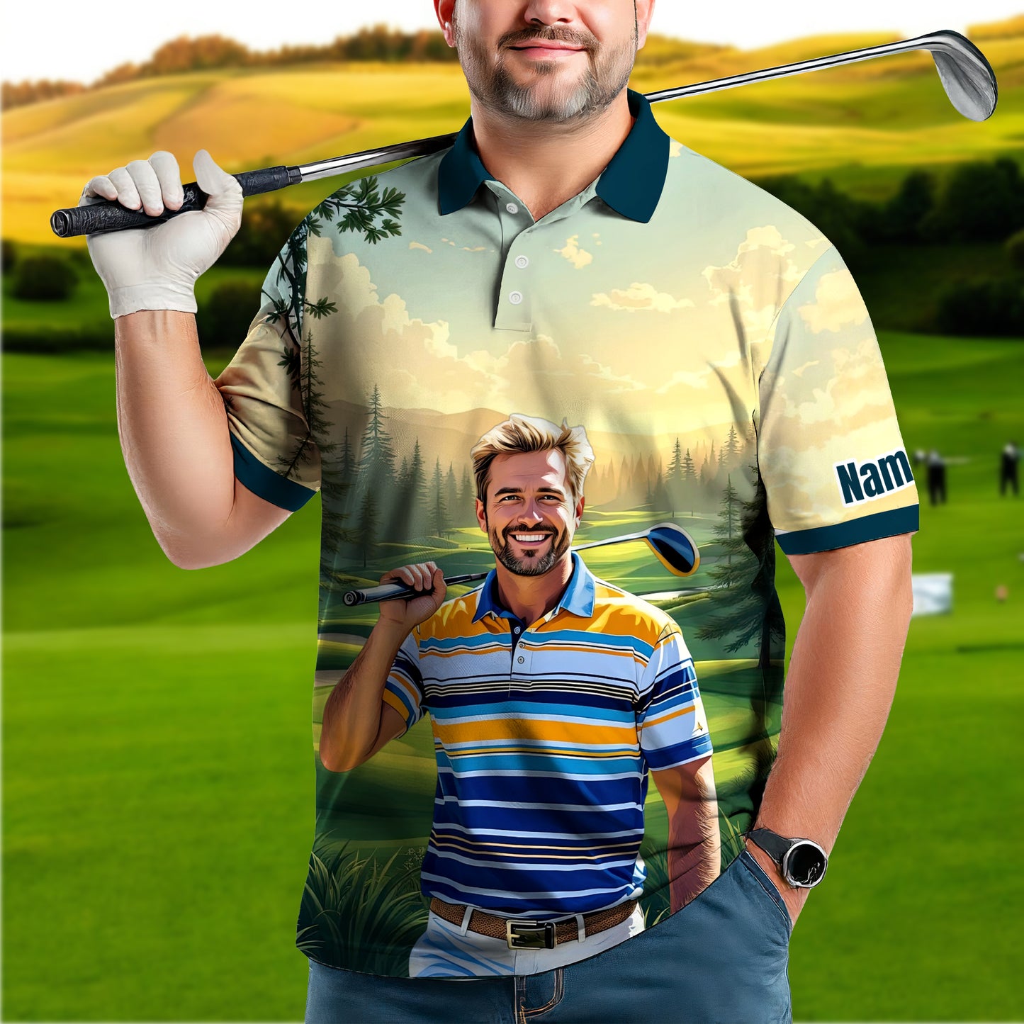Custom Vintage Americana Golf Polo with Your Face - Retro Personalized Gift for Men Style 11