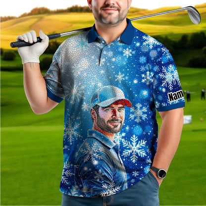 Custom Face Golf Polo Shirt – Personalized Christmas Golf Shirt for Him, Unique Holiday Gift for Golfer, Snowflake Design Golf Apparel Style 8