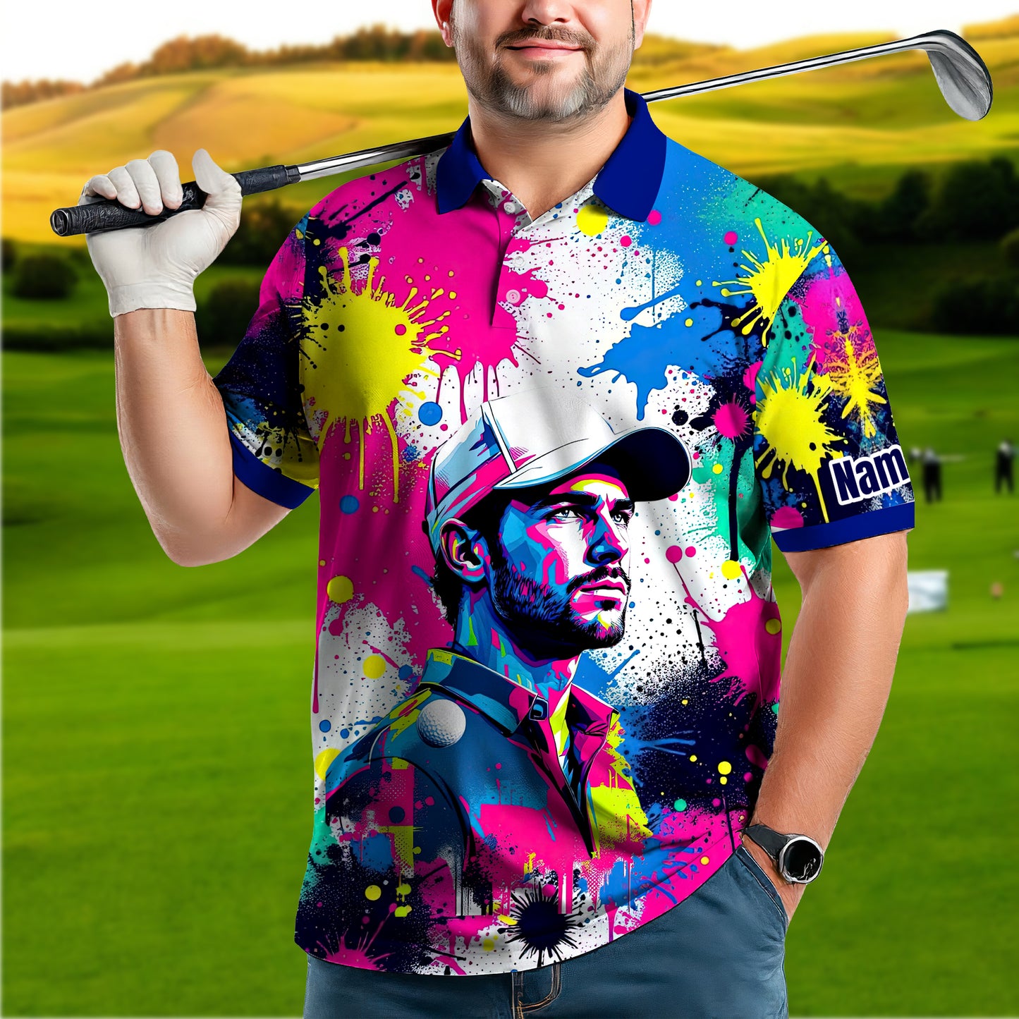 HomyGifts Men's Customized Face Artistic Golf Polo Shirt, Personalized Pop Art Golf Polo, Portrait Gift for Golfers Style 1