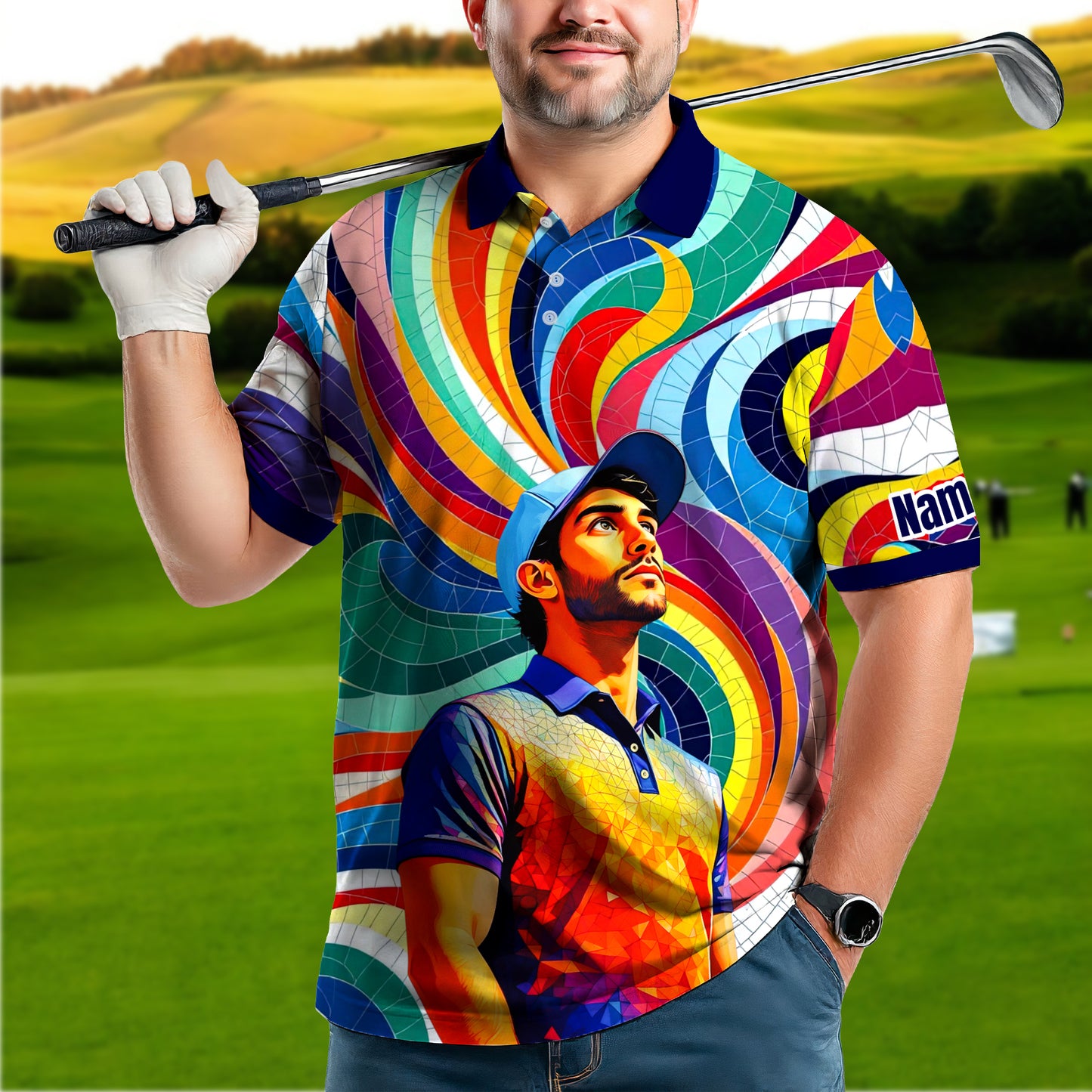 HomyGifts Men's Customized Face Artistic Golf Polo Shirt, Mosaic Art Style, Unique Personalized Golf Polo For Men Style 4