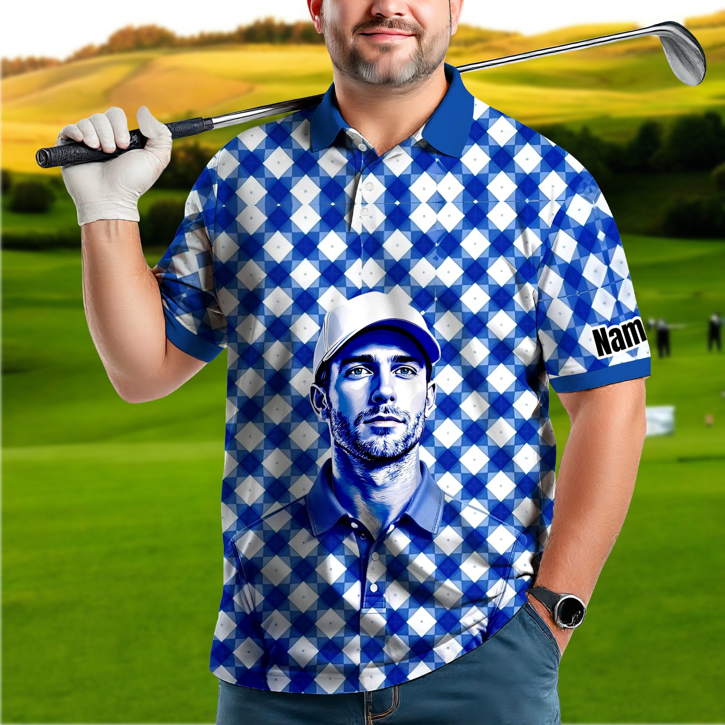 Custom Face Polo Shirt – Geometric Diamond Pattern | Personalized Photo Golf Polo | Unique Gift for Him, Retro Geometric Style Shirt Style 5