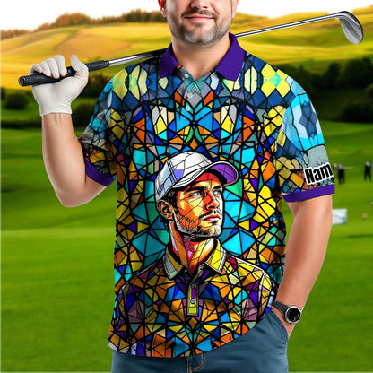 Custom Face Golf Polo Shirt – Personalized Stained Glass Art Shirt, Unique Golf Gift for Him, Colorful Abstract Golf Polo, Custom Sportswear