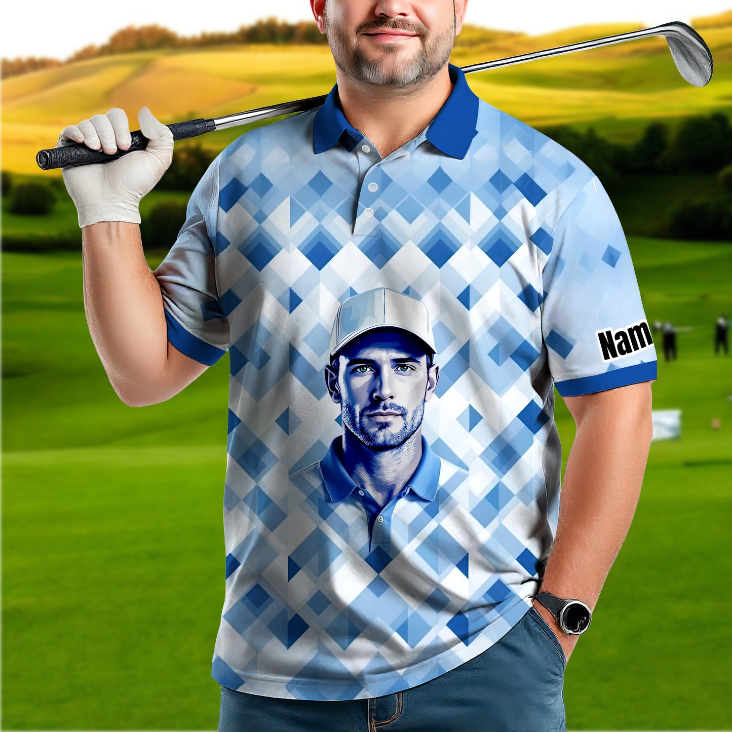 Custom Face Polo Shirt – Geometric Diamond Pattern | Personalized Photo Golf Polo | Unique Gift for Him, Retro Geometric Style Shirt Style 1
