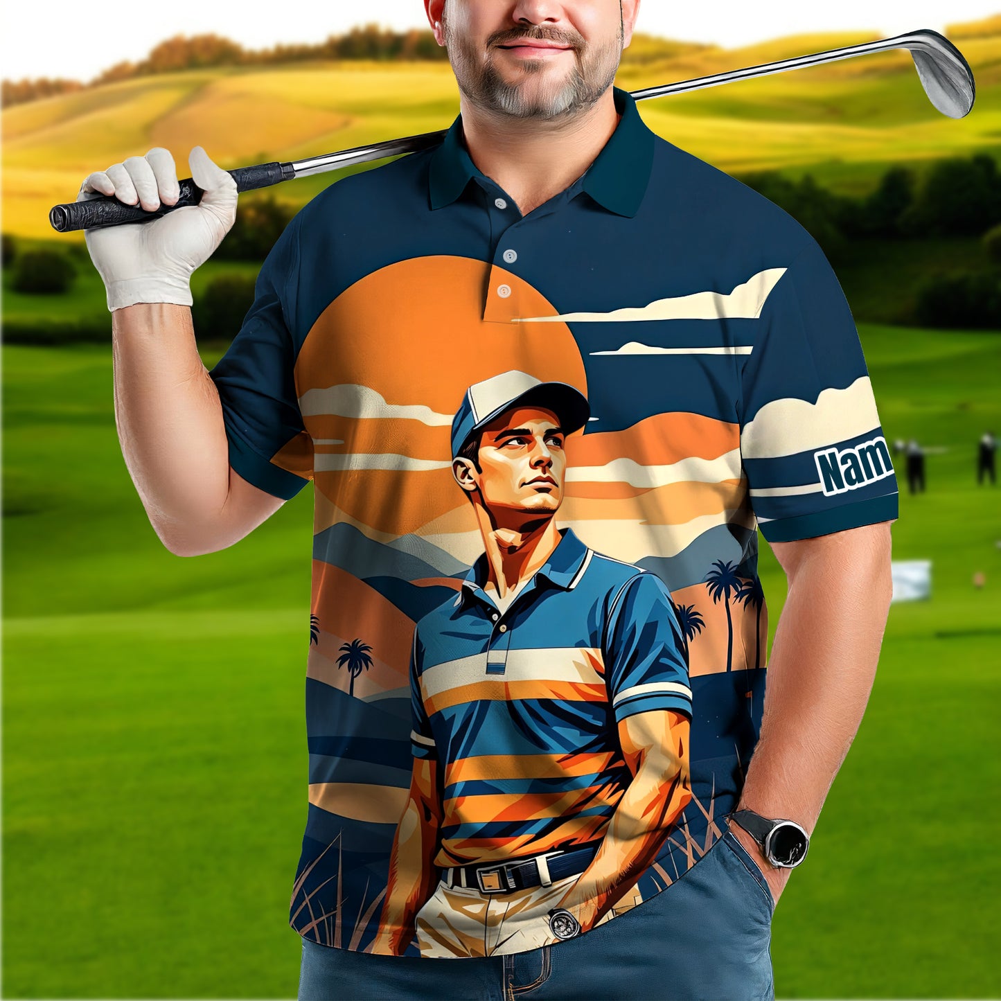 Custom Vintage Americana Golf Polo with Your Face - Retro Personalized Gift for Men Style 3