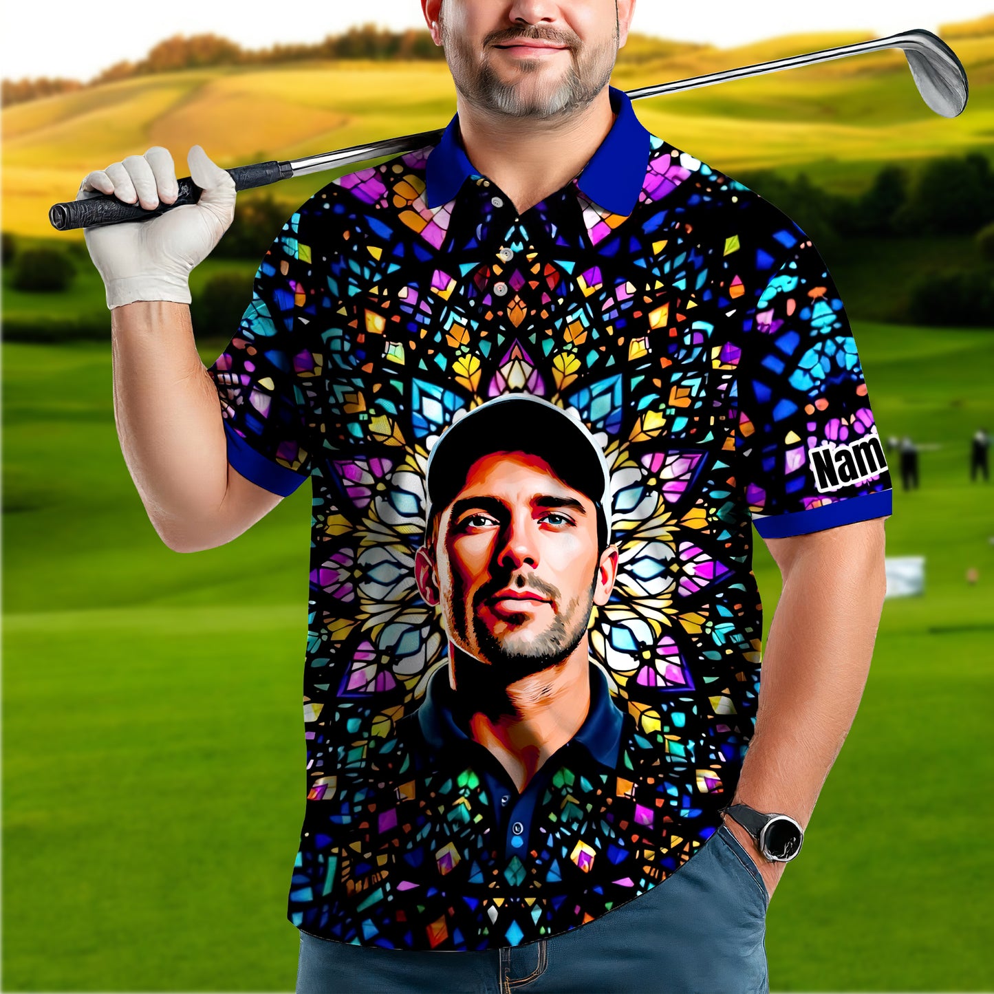 Custom Face Golf Polo Shirt – Personalized Stained Glass Mandala Style Polo, Unique Gift for Men & Women, Vibrant Artistic Golf Shirt, Custom Photo Polo