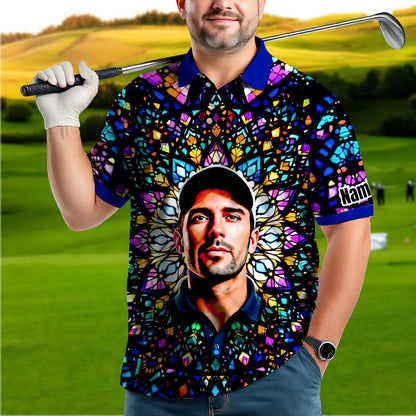 Custom Face Golf Polo Shirt – Personalized Stained Glass Mandala Style Polo, Unique Gift for Men & Women, Vibrant Artistic Golf Shirt, Custom Photo Polo