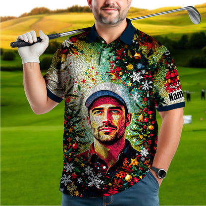 Personalized Christmas Golf Polo Shirt with Your Face – Custom Photo Holiday Shirt – Unique Mosaic Art Xmas Gift for Men, Custom Golf Apparel Style 1