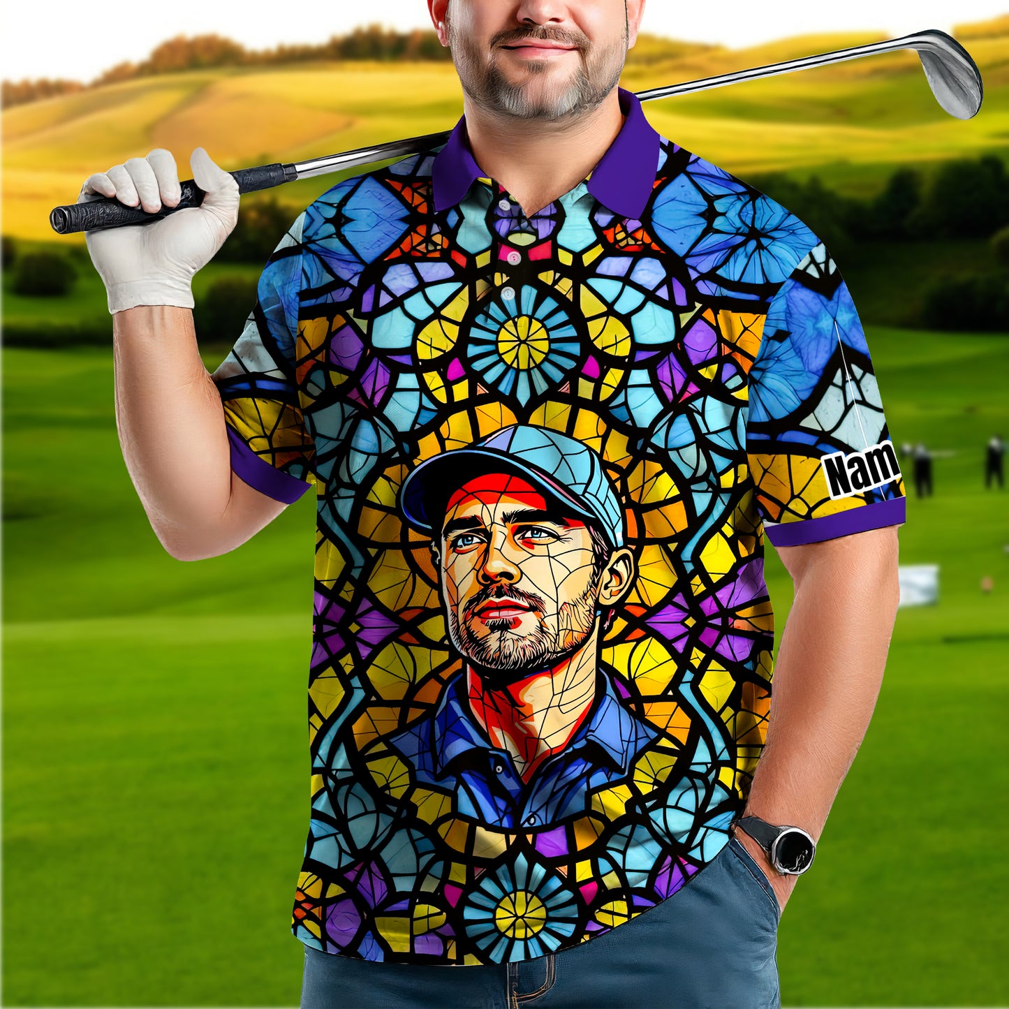 Custom Face Golf Polo Shirt – Personalized Stained Glass Art Shirt, Unique Golf Gift for Him, Colorful Abstract Golf Polo, Custom Sportswear
